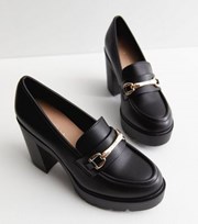 New Look Black Leather-Look Bar Block Heel Loafers